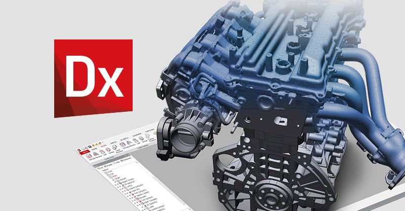 DX Logo und Zeichnung eines Motors auf einem Screenshot der Software Oberfläche liegend