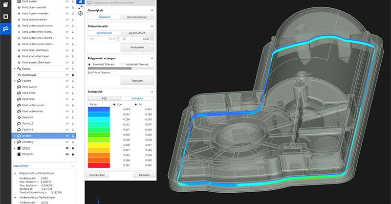Screenshot eines Bauteils in unterschiedlicher Farbgebung zur Werkzeugkorrektur